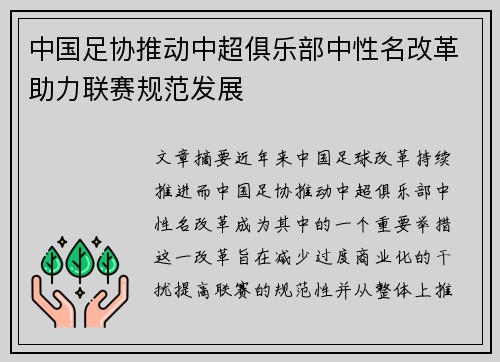 中国足协推动中超俱乐部中性名改革助力联赛规范发展 中国足协推动中超俱乐部中性名改革助力联赛规范发展